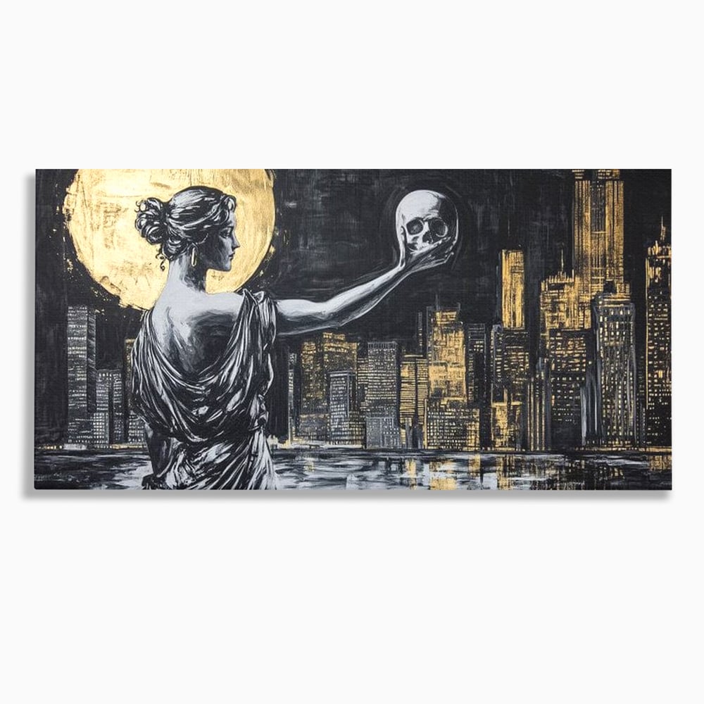 Tablou Canvas Premium, LuxCanva® G1119, Orasul si Tacerea, Craniu, City, Apus, Dialog, Eternitate, Destin, Viitor, Luna, Abstract, Living, Dormitor