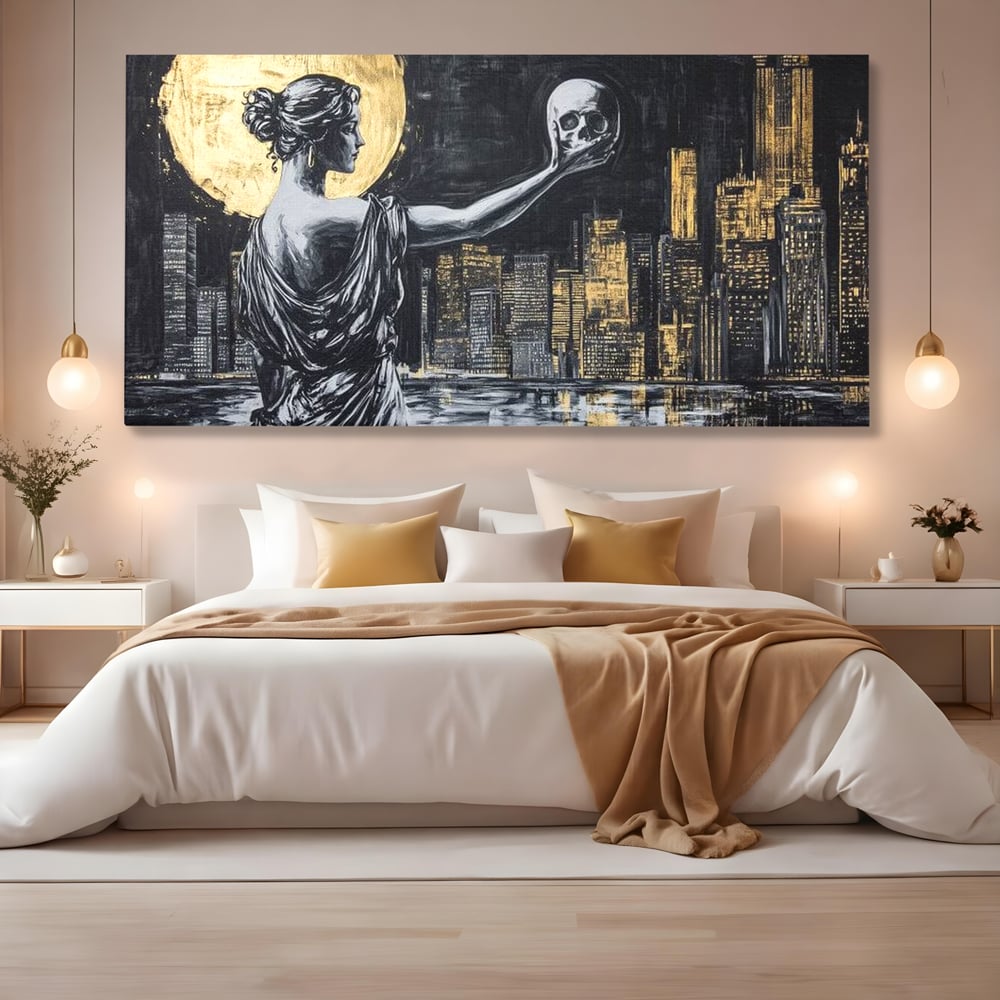 Tablou Canvas Premium, LuxCanva® G1119, Orasul si Tacerea, Craniu, City, Apus, Dialog, Eternitate, Destin, Viitor, Luna, Abstract, Living, Dormitor