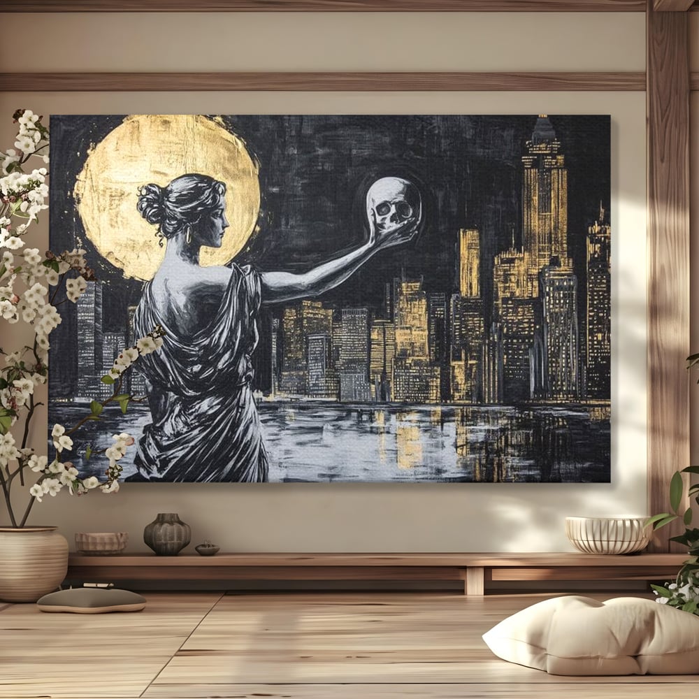 Tablou Canvas Premium, LuxCanva® G1119, Orasul si Tacerea, Craniu, City, Apus, Dialog, Eternitate, Destin, Viitor, Luna, Abstract, Living, Dormitor