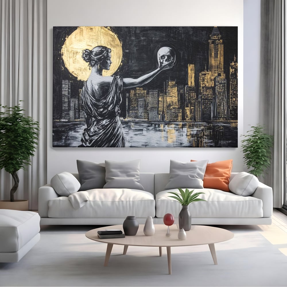 Tablou Canvas Premium, LuxCanva® G1119, Orasul si Tacerea, Craniu, City, Apus, Dialog, Eternitate, Destin, Viitor, Luna, Abstract, Living, Dormitor