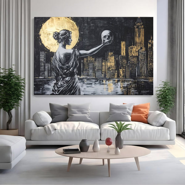 Tablou Canvas Premium, LuxCanva® G1119, Orasul si Tacerea, Craniu, City, Apus, Dialog, Eternitate, Destin, Viitor, Luna, Abstract, Living, Dormitor