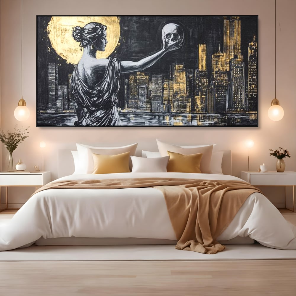 Tablou Canvas Premium, LuxCanva® G1119, Orasul si Tacerea, Craniu, City, Apus, Dialog, Eternitate, Destin, Viitor, Luna, Abstract, Living, Dormitor
