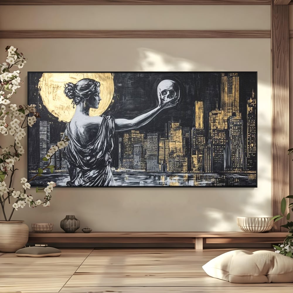 Tablou Canvas Premium, LuxCanva® G1119, Orasul si Tacerea, Craniu, City, Apus, Dialog, Eternitate, Destin, Viitor, Luna, Abstract, Living, Dormitor