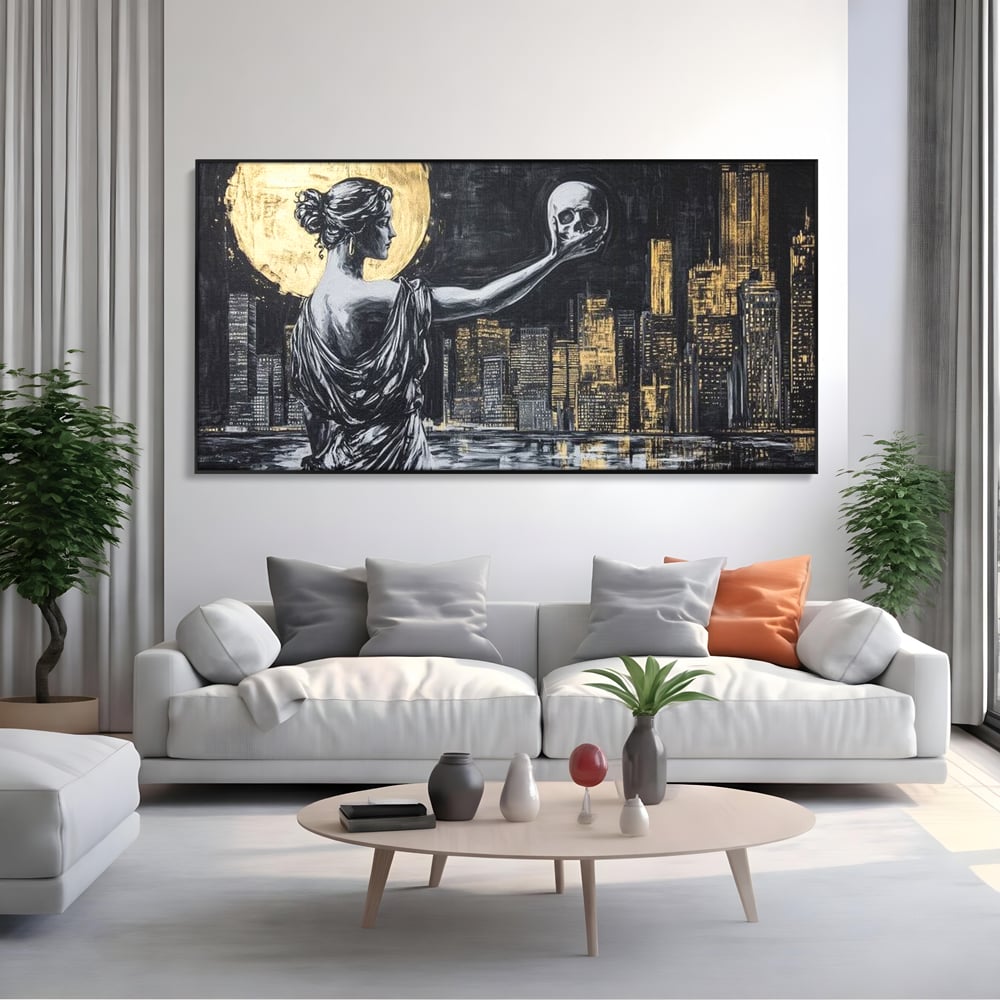 Tablou Canvas Premium, LuxCanva® G1119, Orasul si Tacerea, Craniu, City, Apus, Dialog, Eternitate, Destin, Viitor, Luna, Abstract, Living, Dormitor