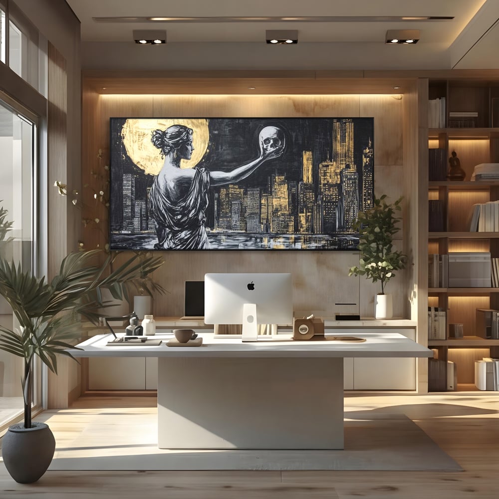 Tablou Canvas Premium, LuxCanva® G1119, Orasul si Tacerea, Craniu, City, Apus, Dialog, Eternitate, Destin, Viitor, Luna, Abstract, Living, Dormitor