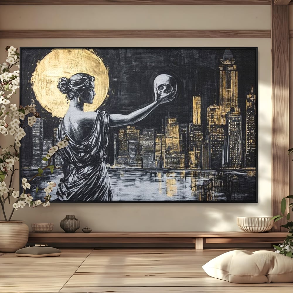 Tablou Canvas Premium, LuxCanva® G1119, Orasul si Tacerea, Craniu, City, Apus, Dialog, Eternitate, Destin, Viitor, Luna, Abstract, Living, Dormitor