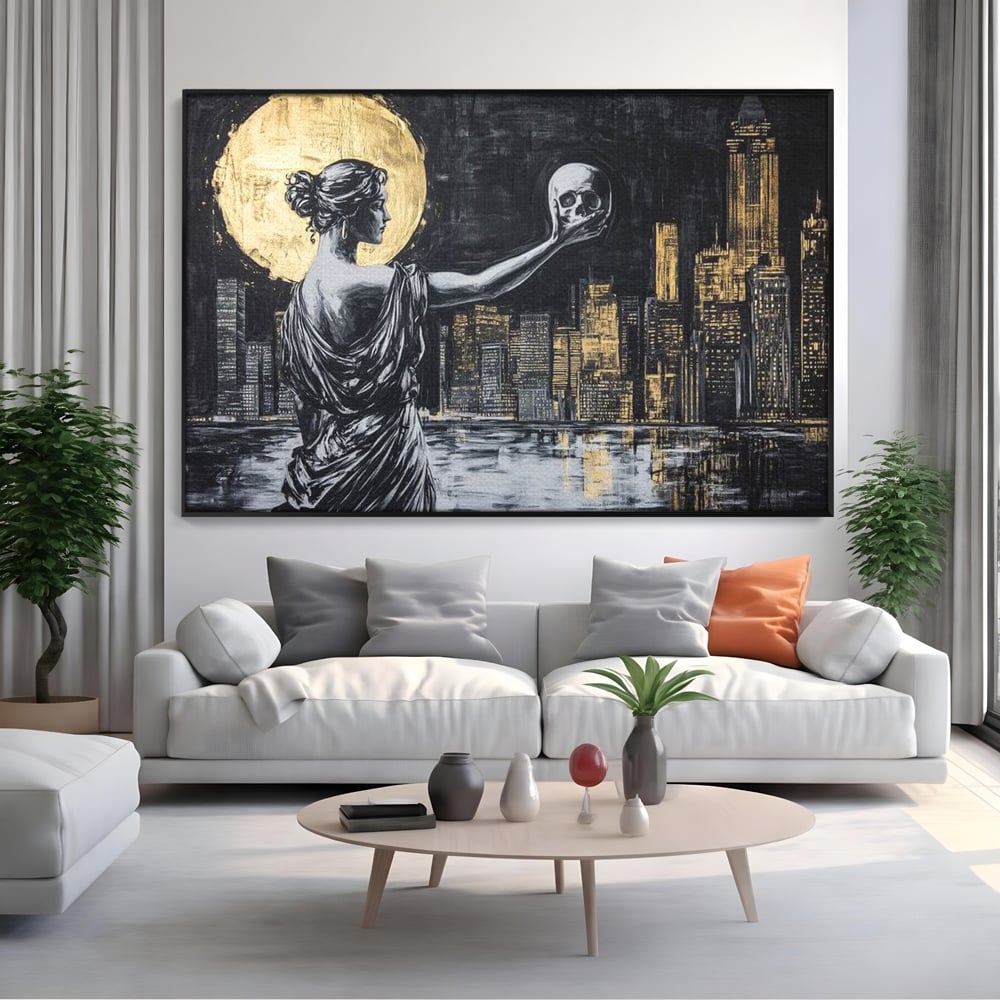 Tablou Canvas Premium, LuxCanva® G1119, Orasul si Tacerea, Craniu, City, Apus, Dialog, Eternitate, Destin, Viitor, Luna, Abstract, Living, Dormitor