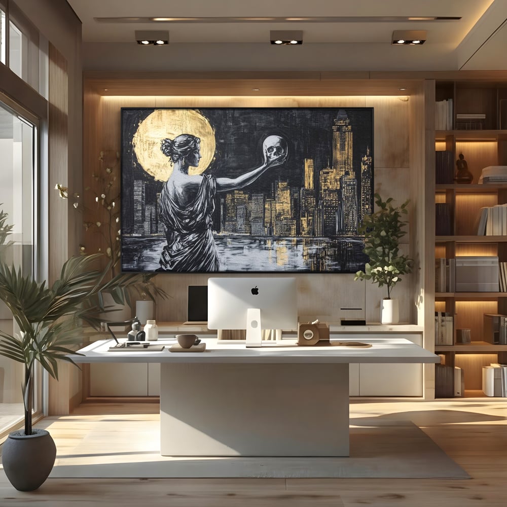 Tablou Canvas Premium, LuxCanva® G1119, Orasul si Tacerea, Craniu, City, Apus, Dialog, Eternitate, Destin, Viitor, Luna, Abstract, Living, Dormitor