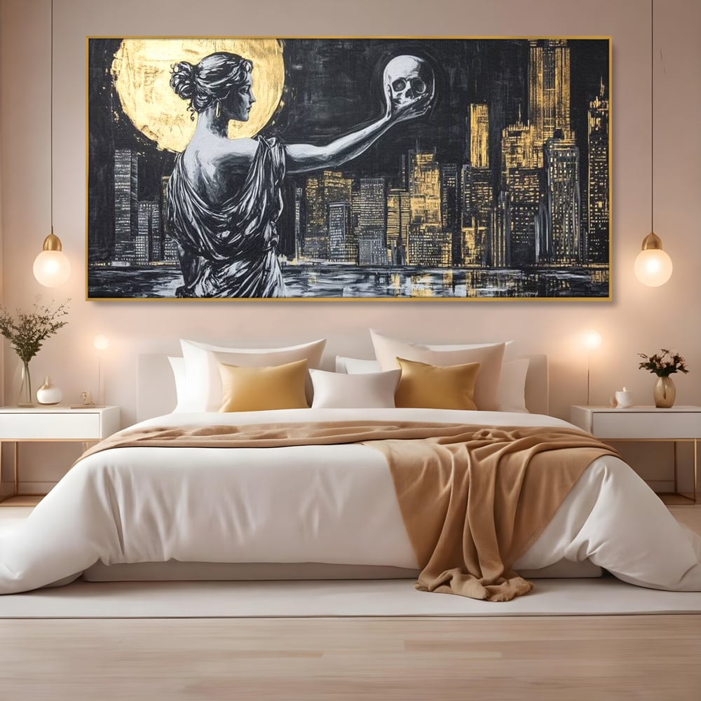Tablou Canvas Premium, LuxCanva® G1119, Orasul si Tacerea, Craniu, City, Apus, Dialog, Eternitate, Destin, Viitor, Luna, Abstract, Living, Dormitor