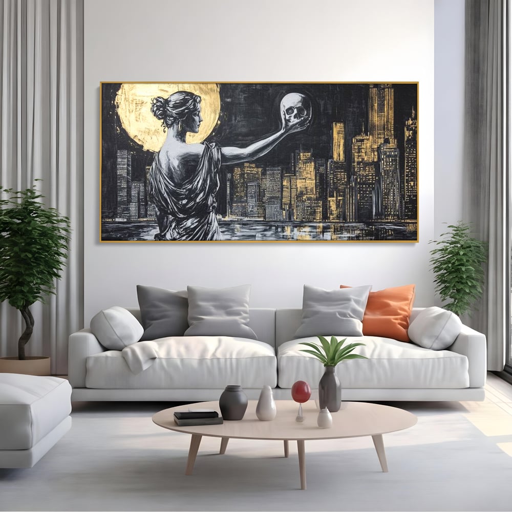 Tablou Canvas Premium, LuxCanva® G1119, Orasul si Tacerea, Craniu, City, Apus, Dialog, Eternitate, Destin, Viitor, Luna, Abstract, Living, Dormitor