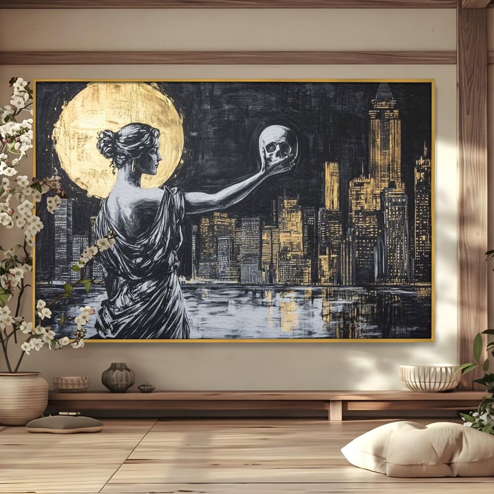Tablou Canvas Premium, LuxCanva® G1119, Orasul si Tacerea, Craniu, City, Apus, Dialog, Eternitate, Destin, Viitor, Luna, Abstract, Living, Dormitor
