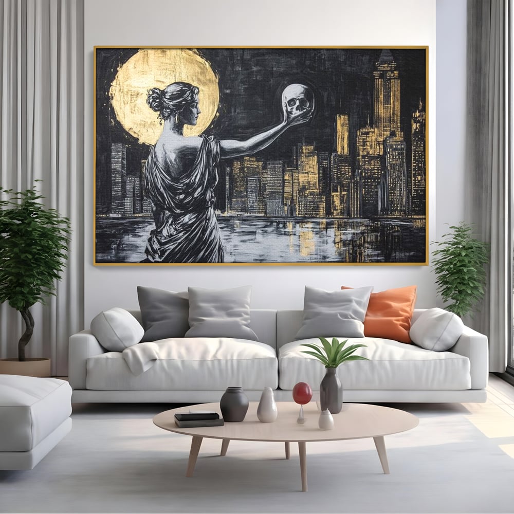 Tablou Canvas Premium, LuxCanva® G1119, Orasul si Tacerea, Craniu, City, Apus, Dialog, Eternitate, Destin, Viitor, Luna, Abstract, Living, Dormitor