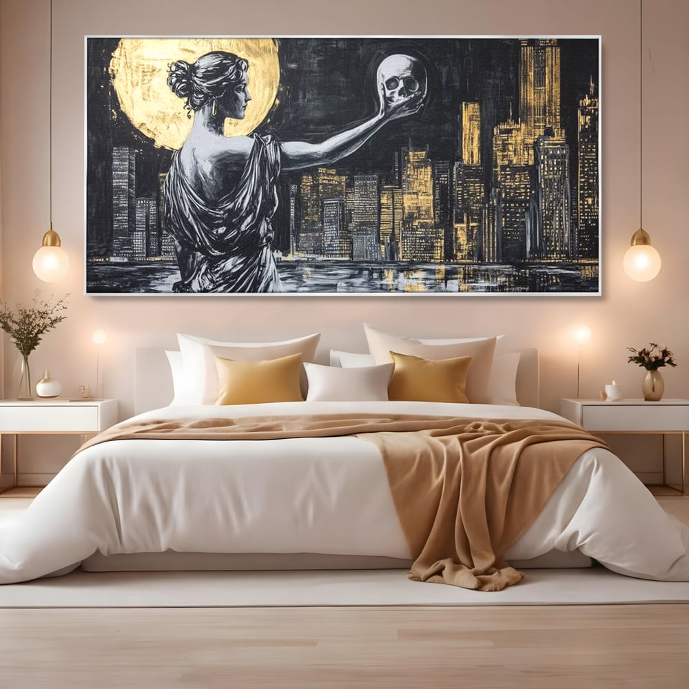 Tablou Canvas Premium, LuxCanva® G1119, Orasul si Tacerea, Craniu, City, Apus, Dialog, Eternitate, Destin, Viitor, Luna, Abstract, Living, Dormitor