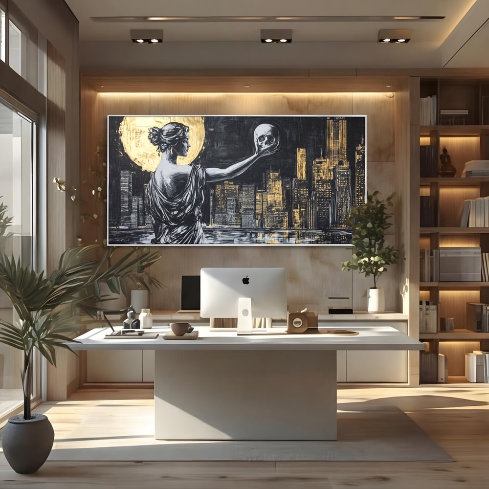 Tablou Canvas Premium, LuxCanva® G1119, Orasul si Tacerea, Craniu, City, Apus, Dialog, Eternitate, Destin, Viitor, Luna, Abstract, Living, Dormitor