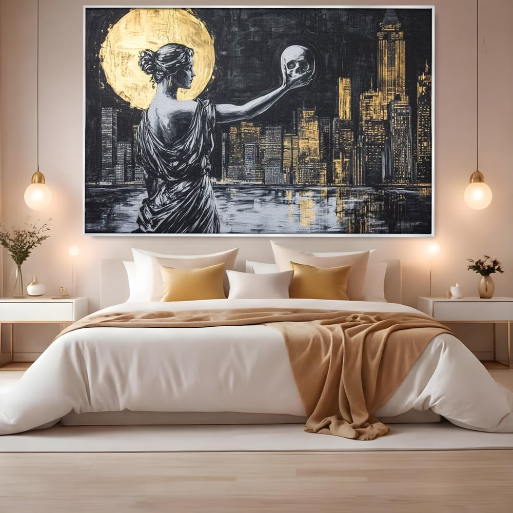 Tablou Canvas Premium, LuxCanva® G1119, Orasul si Tacerea, Craniu, City, Apus, Dialog, Eternitate, Destin, Viitor, Luna, Abstract, Living, Dormitor