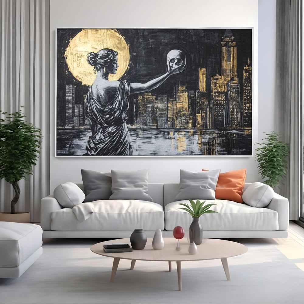 Tablou Canvas Premium, LuxCanva® G1119, Orasul si Tacerea, Craniu, City, Apus, Dialog, Eternitate, Destin, Viitor, Luna, Abstract, Living, Dormitor