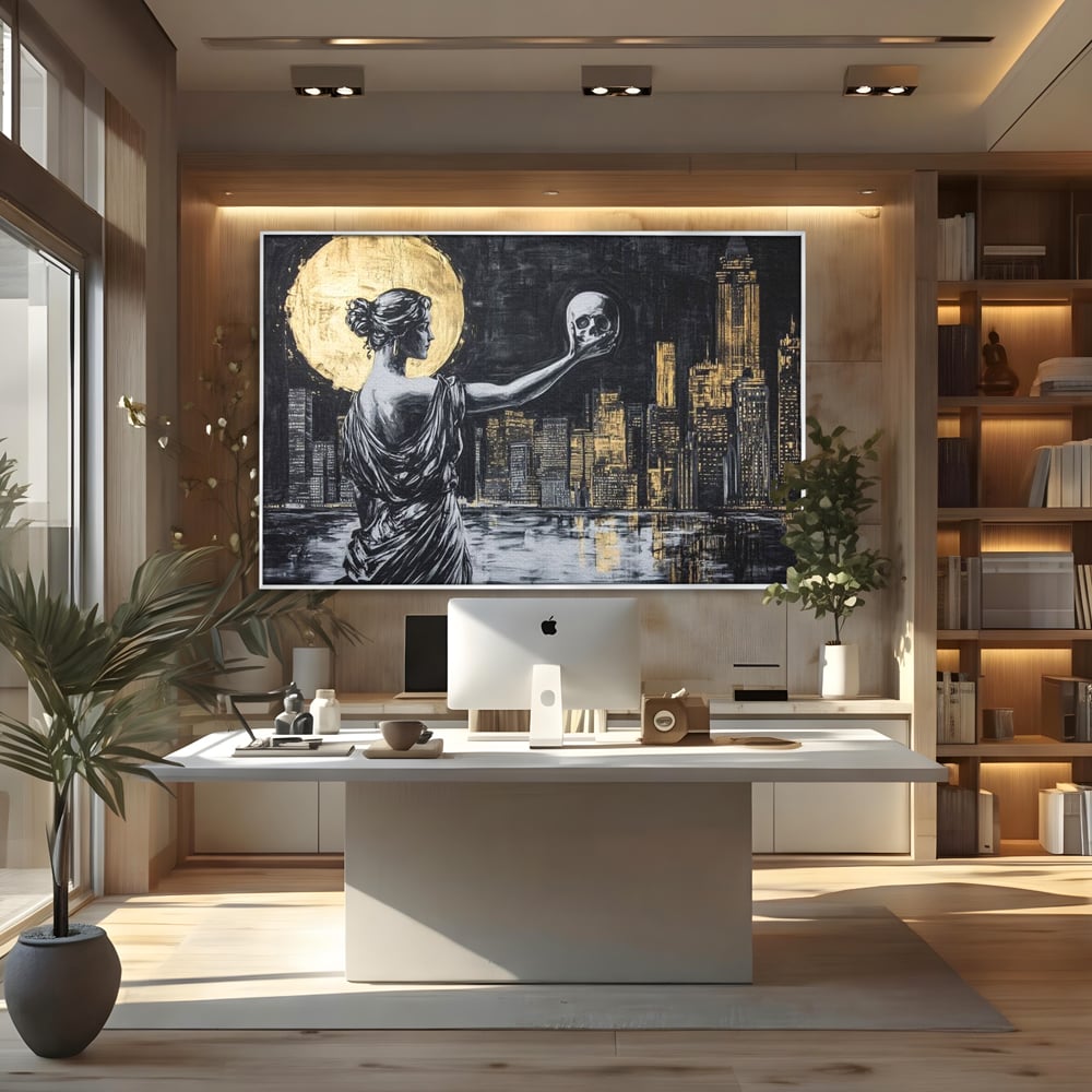 Tablou Canvas Premium, LuxCanva® G1119, Orasul si Tacerea, Craniu, City, Apus, Dialog, Eternitate, Destin, Viitor, Luna, Abstract, Living, Dormitor