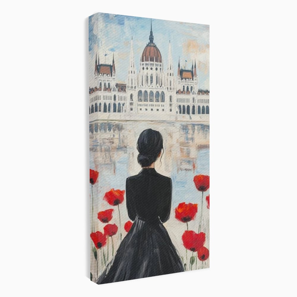 Tablou Canvas Premium, LuxCanva® G1120, Vis la Budapesta, Maci, Flori, Palat, Oras, Dunare, Rosu, Visare, Tacere, Femeie, Living, Dormitor