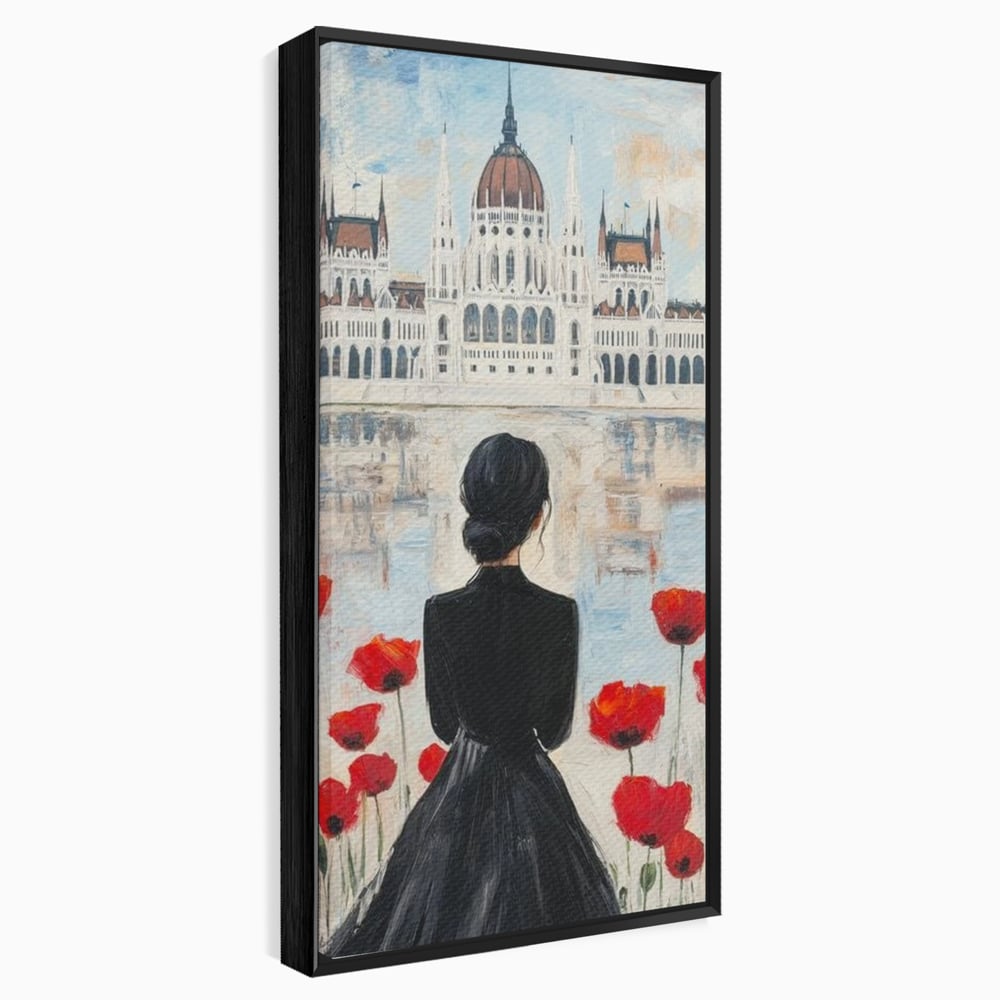 Tablou Canvas Premium, LuxCanva® G1120, Vis la Budapesta, Maci, Flori, Palat, Oras, Dunare, Rosu, Visare, Tacere, Femeie, Living, Dormitor