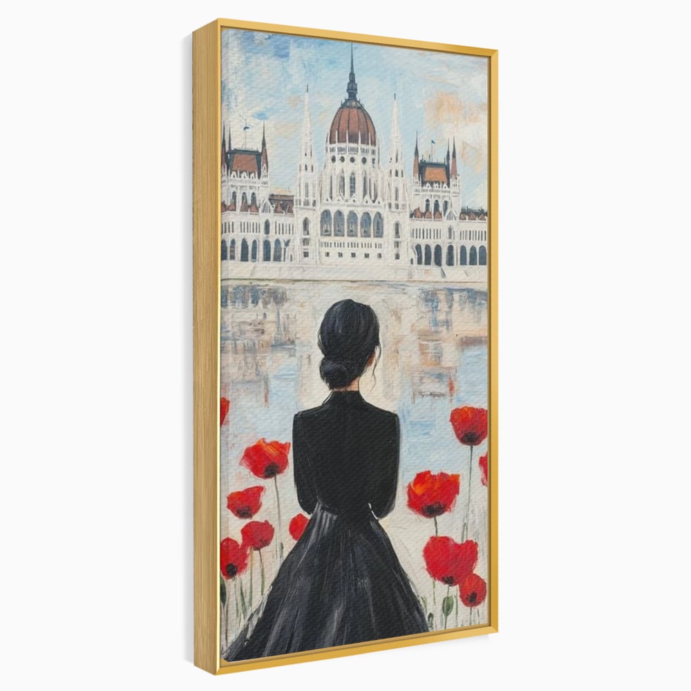 Tablou Canvas Premium, LuxCanva® G1120, Vis la Budapesta, Maci, Flori, Palat, Oras, Dunare, Rosu, Visare, Tacere, Femeie, Living, Dormitor