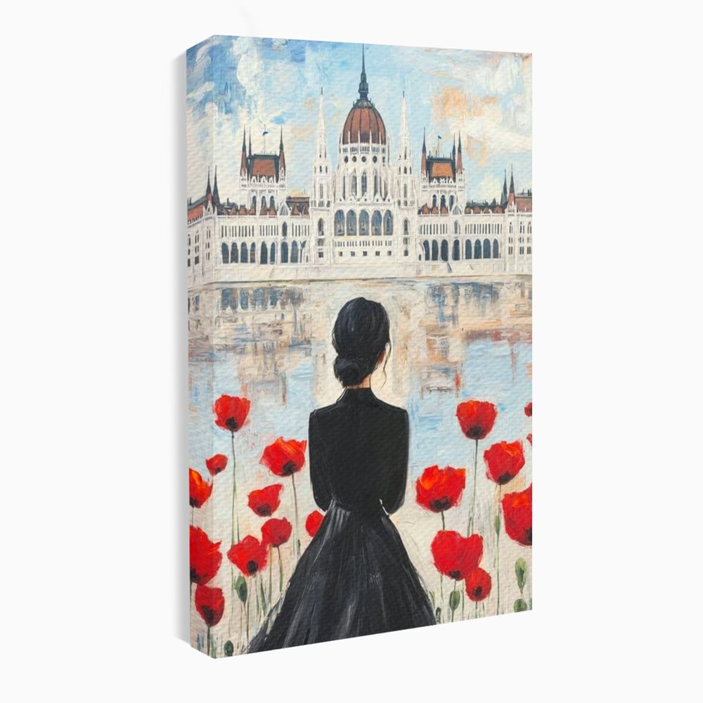 Tablou Canvas Premium, LuxCanva® G1120, Vis la Budapesta, Maci, Flori, Palat, Oras, Dunare, Rosu, Visare, Tacere, Femeie, Living, Dormitor