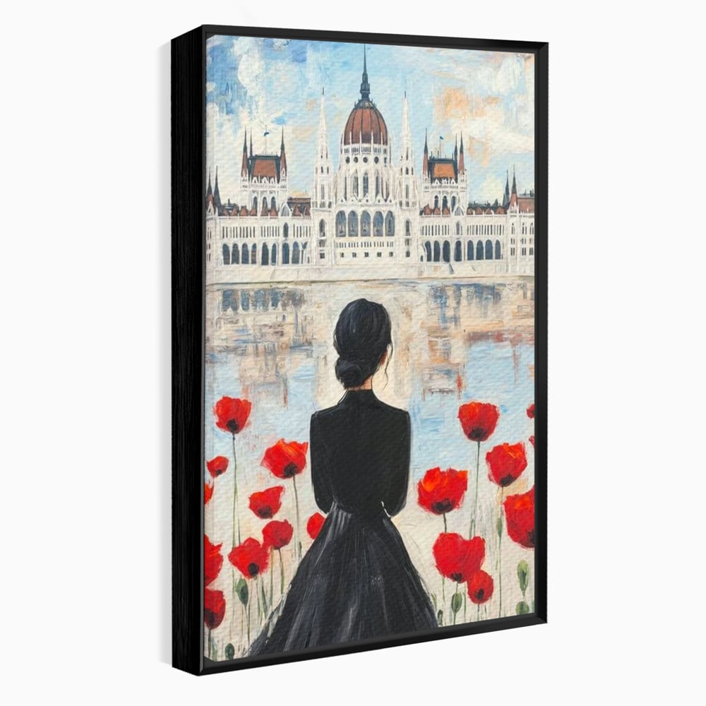Tablou Canvas Premium, LuxCanva® G1120, Vis la Budapesta, Maci, Flori, Palat, Oras, Dunare, Rosu, Visare, Tacere, Femeie, Living, Dormitor
