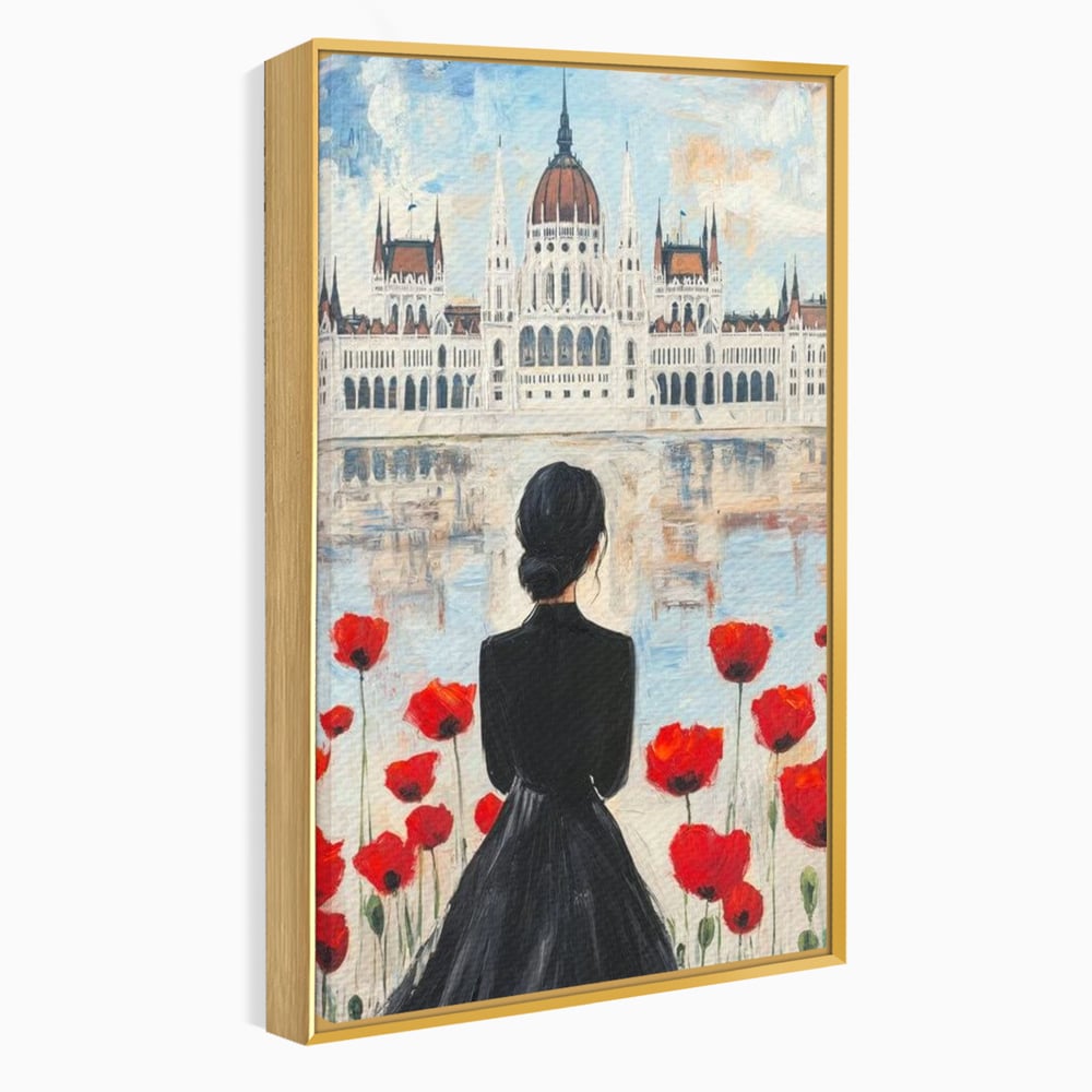 Tablou Canvas Premium, LuxCanva® G1120, Vis la Budapesta, Maci, Flori, Palat, Oras, Dunare, Rosu, Visare, Tacere, Femeie, Living, Dormitor