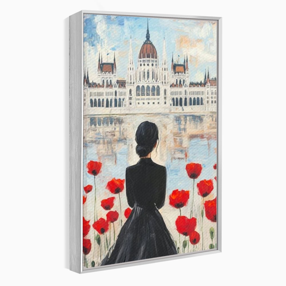 Tablou Canvas Premium, LuxCanva® G1120, Vis la Budapesta, Maci, Flori, Palat, Oras, Dunare, Rosu, Visare, Tacere, Femeie, Living, Dormitor