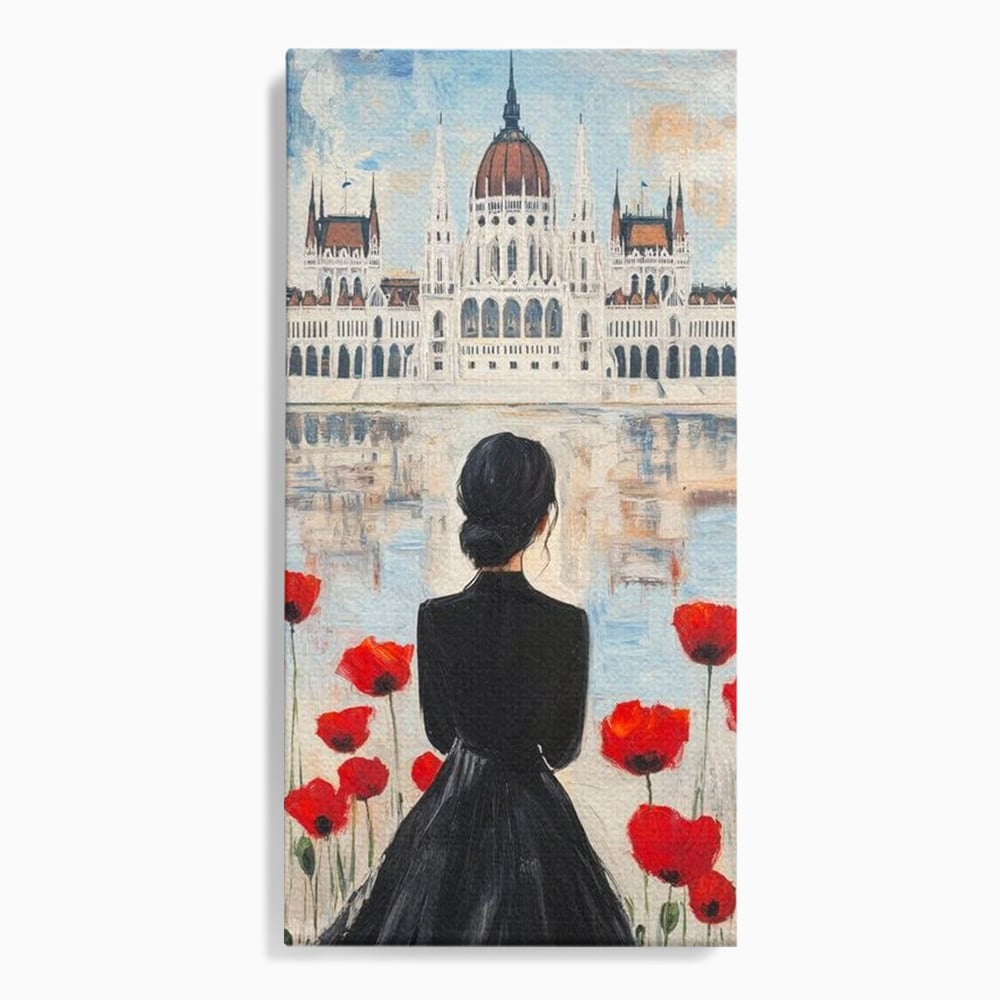 Tablou Canvas Premium, LuxCanva® G1120, Vis la Budapesta, Maci, Flori, Palat, Oras, Dunare, Rosu, Visare, Tacere, Femeie, Living, Dormitor