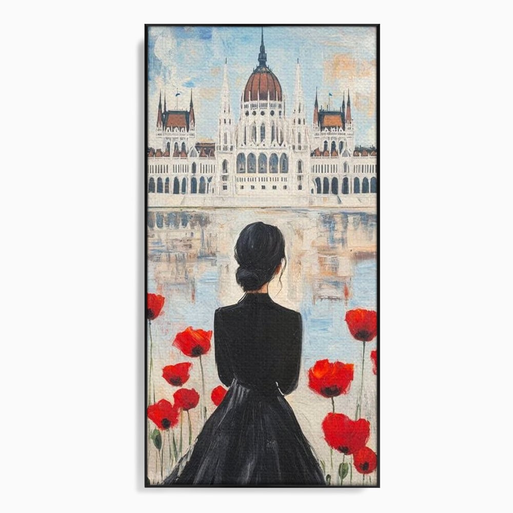 Tablou Canvas Premium, LuxCanva® G1120, Vis la Budapesta, Maci, Flori, Palat, Oras, Dunare, Rosu, Visare, Tacere, Femeie, Living, Dormitor