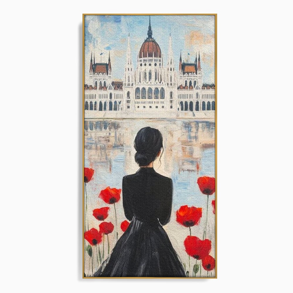 Tablou Canvas Premium, LuxCanva® G1120, Vis la Budapesta, Maci, Flori, Palat, Oras, Dunare, Rosu, Visare, Tacere, Femeie, Living, Dormitor