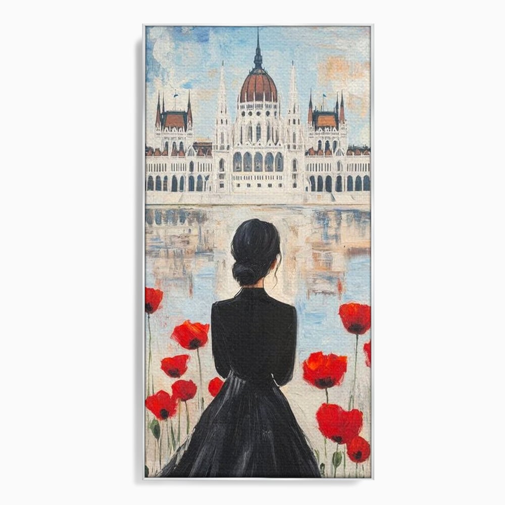 Tablou Canvas Premium, LuxCanva® G1120, Vis la Budapesta, Maci, Flori, Palat, Oras, Dunare, Rosu, Visare, Tacere, Femeie, Living, Dormitor