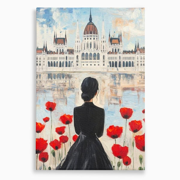 Tablou Canvas Premium, LuxCanva® G1120, Vis la Budapesta, Maci, Flori, Palat, Oras, Dunare, Rosu, Visare, Tacere, Femeie, Living, Dormitor