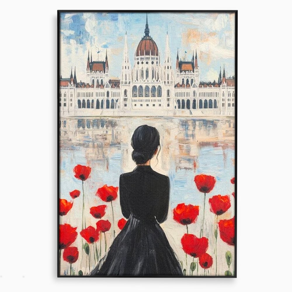 Tablou Canvas Premium, LuxCanva® G1120, Vis la Budapesta, Maci, Flori, Palat, Oras, Dunare, Rosu, Visare, Tacere, Femeie, Living, Dormitor