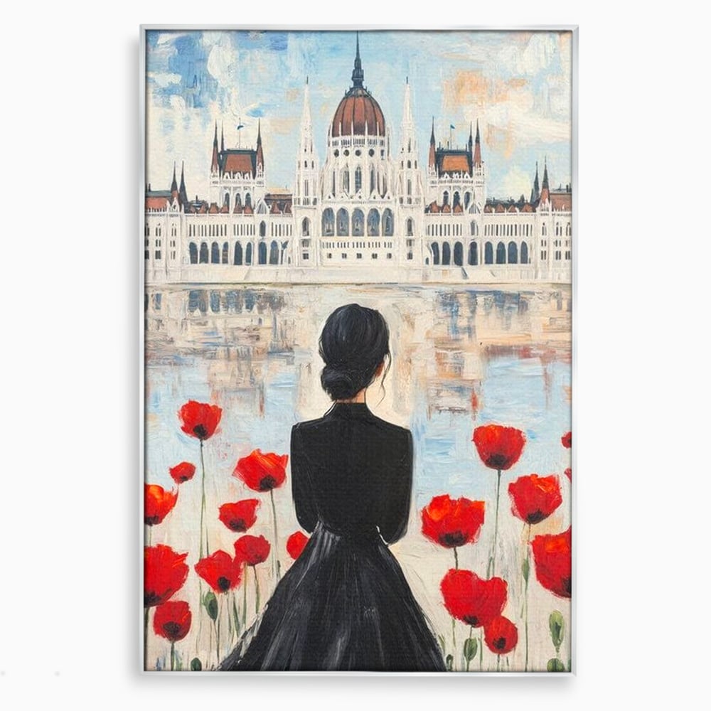 Tablou Canvas Premium, LuxCanva® G1120, Vis la Budapesta, Maci, Flori, Palat, Oras, Dunare, Rosu, Visare, Tacere, Femeie, Living, Dormitor