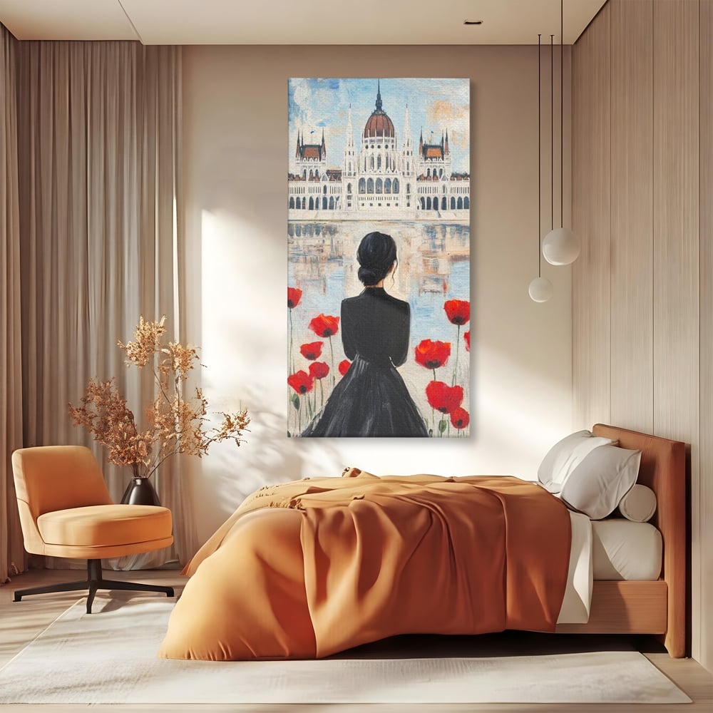 Tablou Canvas Premium, LuxCanva® G1120, Vis la Budapesta, Maci, Flori, Palat, Oras, Dunare, Rosu, Visare, Tacere, Femeie, Living, Dormitor