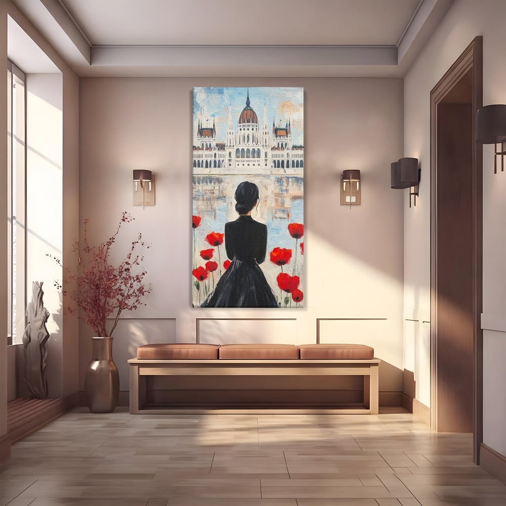 Tablou Canvas Premium, LuxCanva® G1120, Vis la Budapesta, Maci, Flori, Palat, Oras, Dunare, Rosu, Visare, Tacere, Femeie, Living, Dormitor