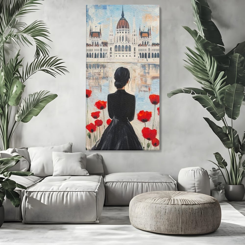 Tablou Canvas Premium, LuxCanva® G1120, Vis la Budapesta, Maci, Flori, Palat, Oras, Dunare, Rosu, Visare, Tacere, Femeie, Living, Dormitor