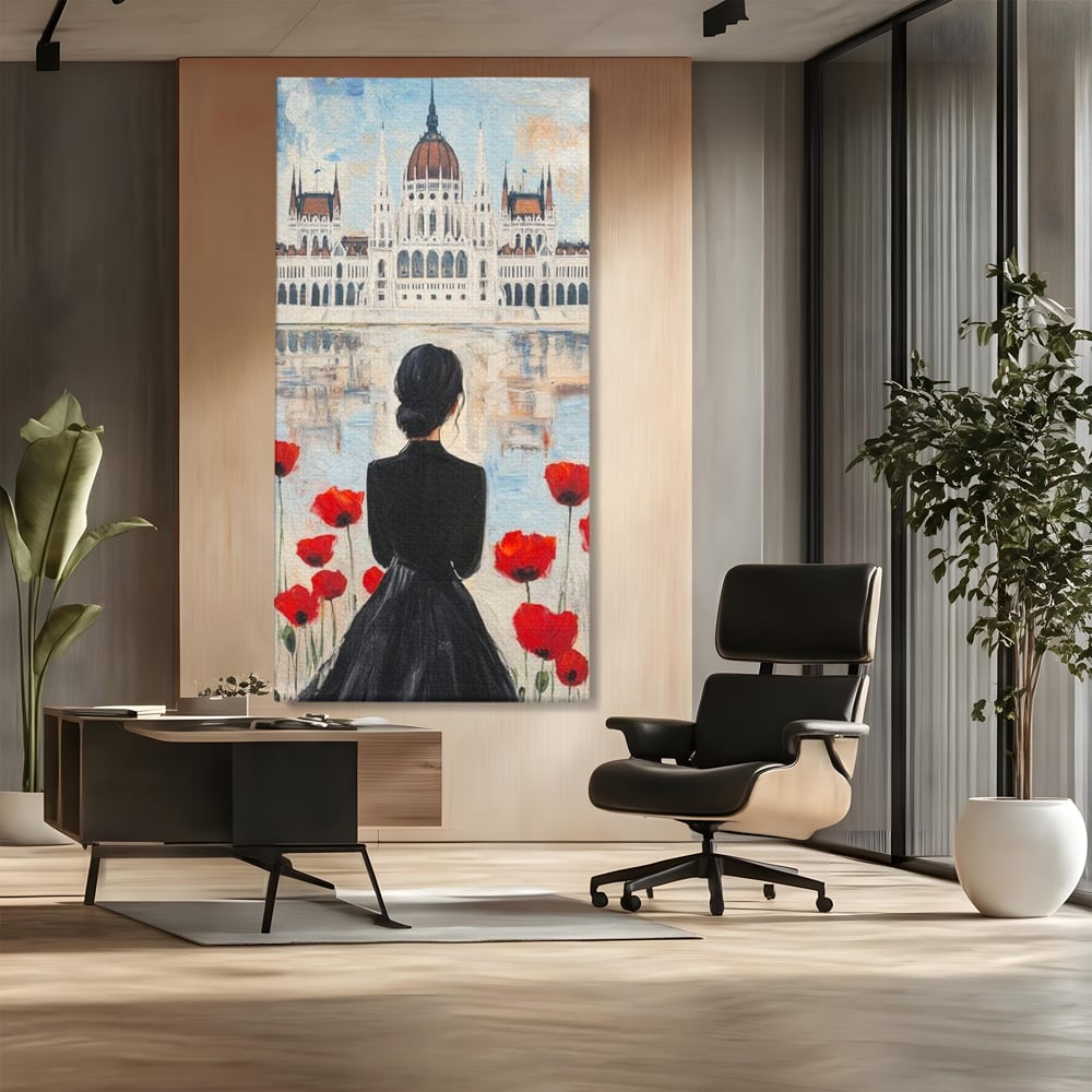 Tablou Canvas Premium, LuxCanva® G1120, Vis la Budapesta, Maci, Flori, Palat, Oras, Dunare, Rosu, Visare, Tacere, Femeie, Living, Dormitor