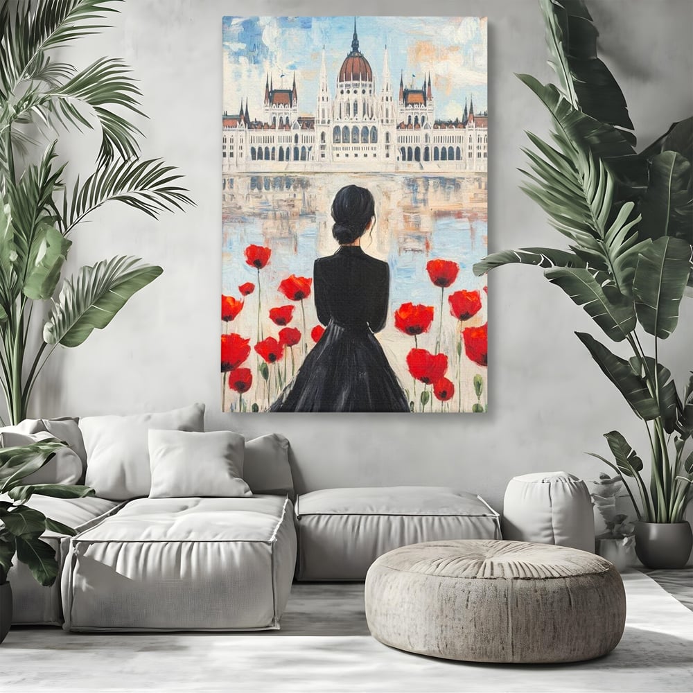 Tablou Canvas Premium, LuxCanva® G1120, Vis la Budapesta, Maci, Flori, Palat, Oras, Dunare, Rosu, Visare, Tacere, Femeie, Living, Dormitor