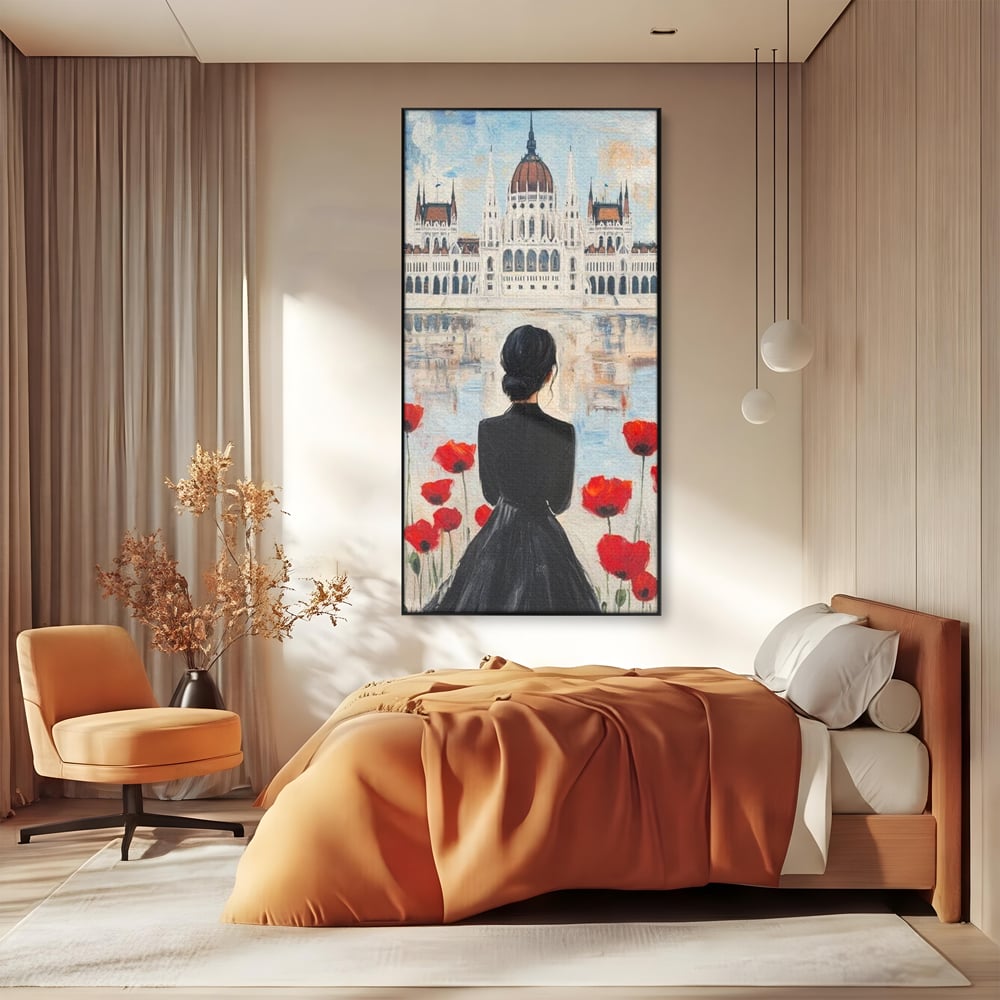 Tablou Canvas Premium, LuxCanva® G1120, Vis la Budapesta, Maci, Flori, Palat, Oras, Dunare, Rosu, Visare, Tacere, Femeie, Living, Dormitor
