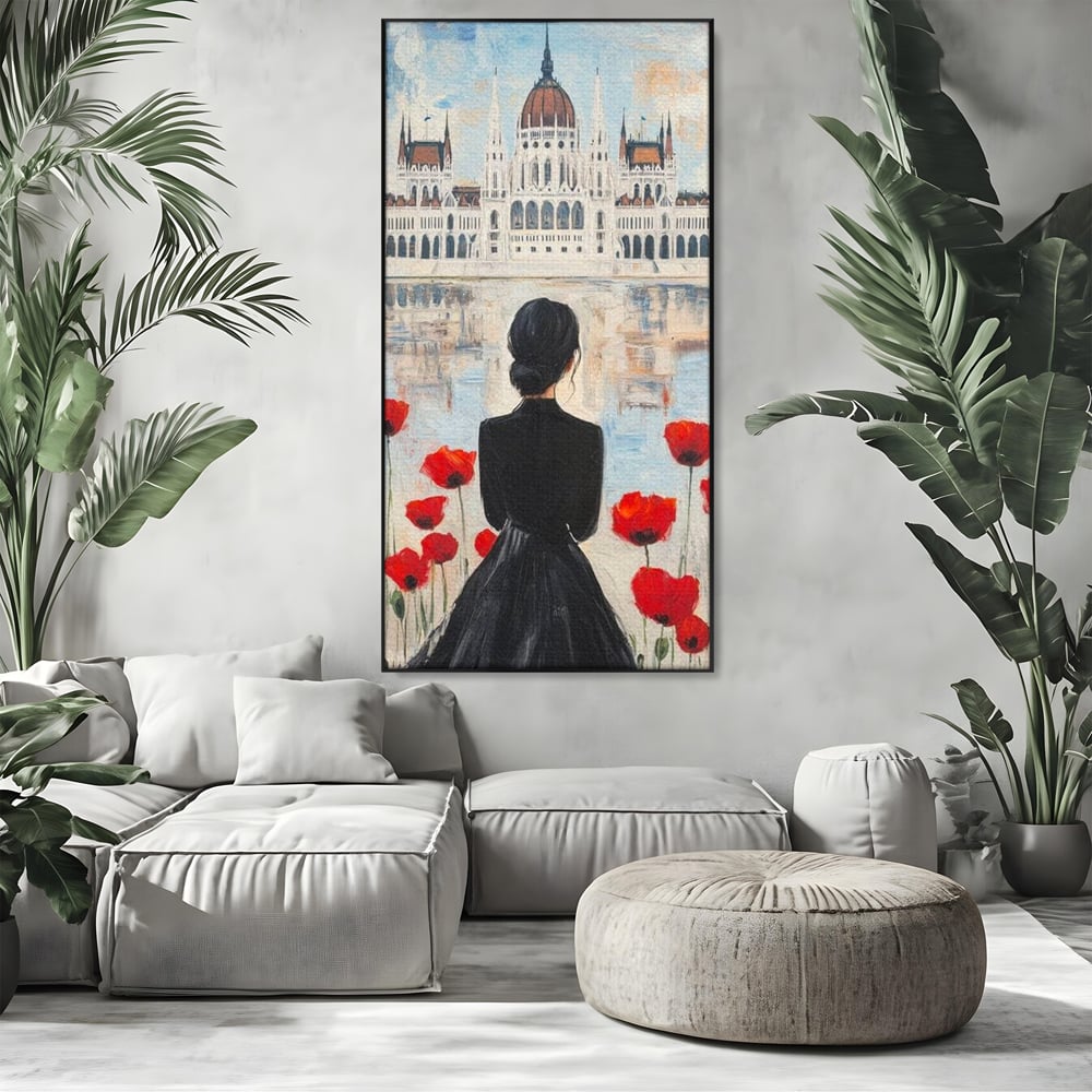 Tablou Canvas Premium, LuxCanva® G1120, Vis la Budapesta, Maci, Flori, Palat, Oras, Dunare, Rosu, Visare, Tacere, Femeie, Living, Dormitor
