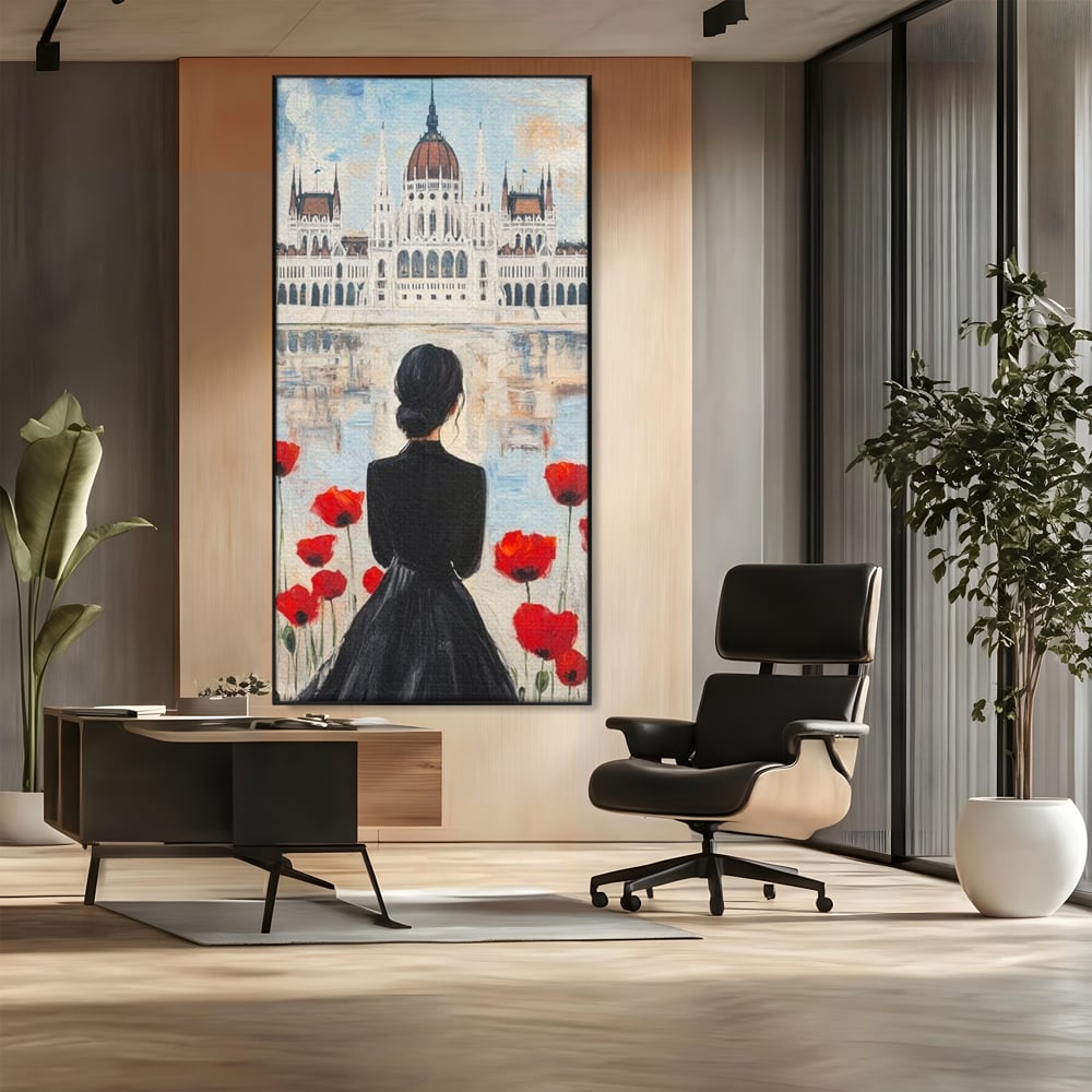 Tablou Canvas Premium, LuxCanva® G1120, Vis la Budapesta, Maci, Flori, Palat, Oras, Dunare, Rosu, Visare, Tacere, Femeie, Living, Dormitor