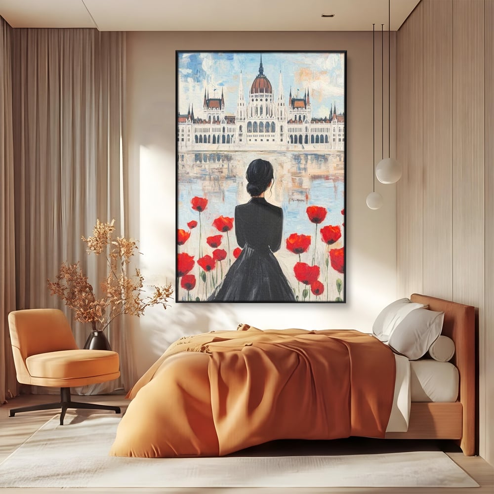 Tablou Canvas Premium, LuxCanva® G1120, Vis la Budapesta, Maci, Flori, Palat, Oras, Dunare, Rosu, Visare, Tacere, Femeie, Living, Dormitor