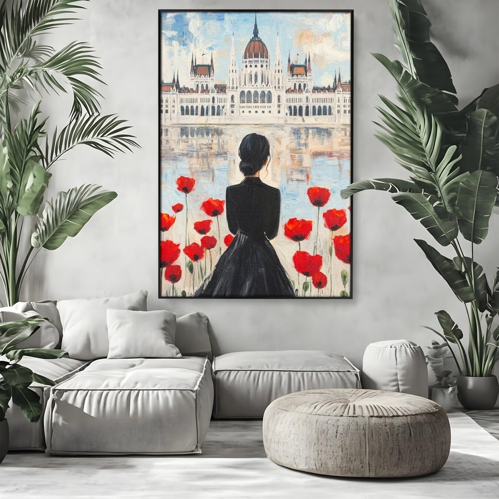 Tablou Canvas Premium, LuxCanva® G1120, Vis la Budapesta, Maci, Flori, Palat, Oras, Dunare, Rosu, Visare, Tacere, Femeie, Living, Dormitor