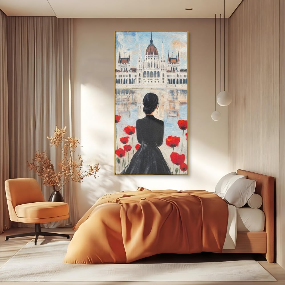 Tablou Canvas Premium, LuxCanva® G1120, Vis la Budapesta, Maci, Flori, Palat, Oras, Dunare, Rosu, Visare, Tacere, Femeie, Living, Dormitor