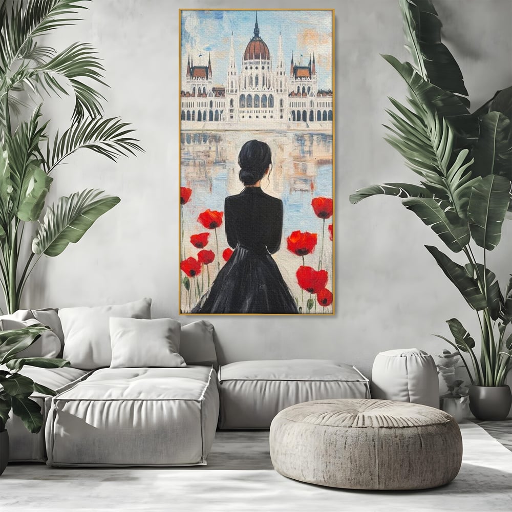 Tablou Canvas Premium, LuxCanva® G1120, Vis la Budapesta, Maci, Flori, Palat, Oras, Dunare, Rosu, Visare, Tacere, Femeie, Living, Dormitor
