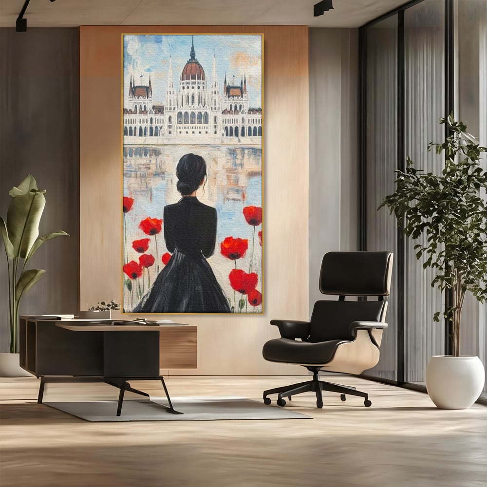 Tablou Canvas Premium, LuxCanva® G1120, Vis la Budapesta, Maci, Flori, Palat, Oras, Dunare, Rosu, Visare, Tacere, Femeie, Living, Dormitor