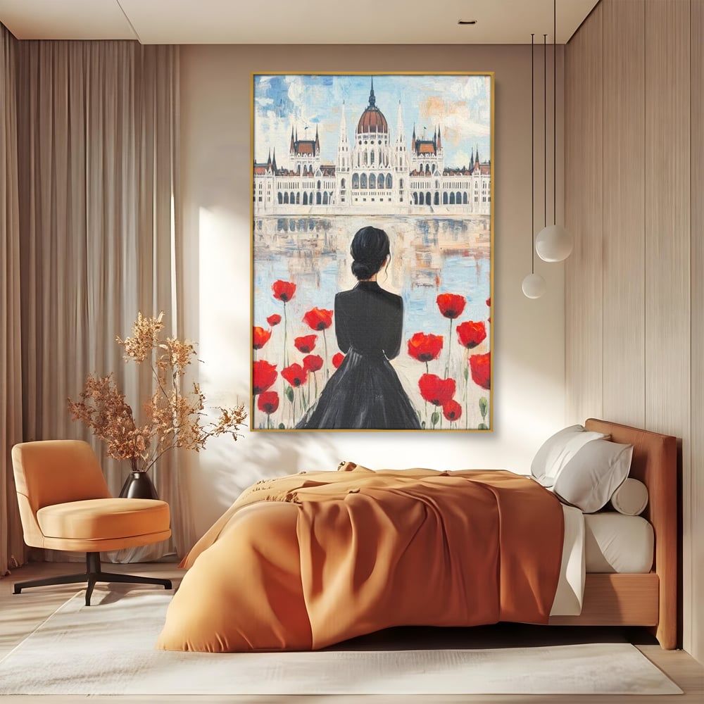 Tablou Canvas Premium, LuxCanva® G1120, Vis la Budapesta, Maci, Flori, Palat, Oras, Dunare, Rosu, Visare, Tacere, Femeie, Living, Dormitor