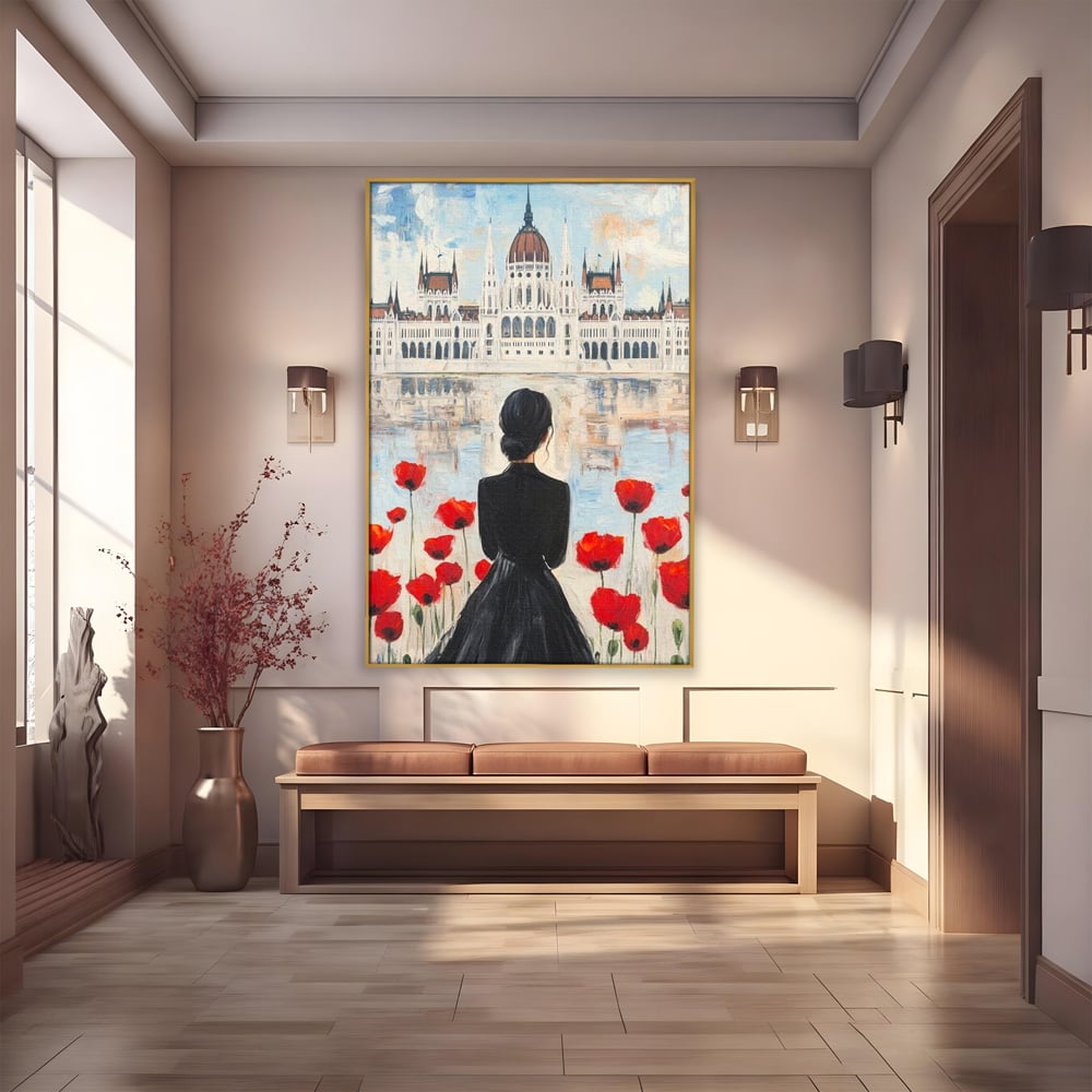 Tablou Canvas Premium, LuxCanva® G1120, Vis la Budapesta, Maci, Flori, Palat, Oras, Dunare, Rosu, Visare, Tacere, Femeie, Living, Dormitor